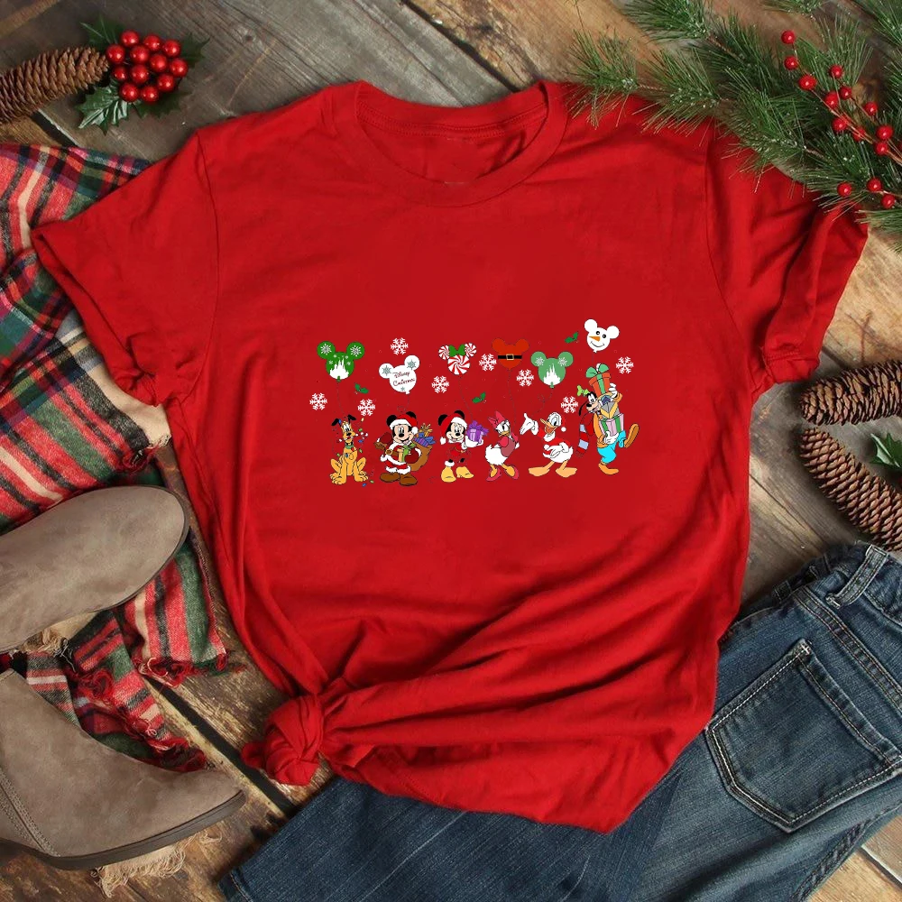 

Mickey and Friends Christmas Print Women T-shirt Disney Cartoon Cute Festival Clothes Red Xmas Tops Europe America Popular Shirt