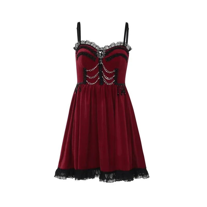 Lace Velvet Halloween Nightclub Sexy Red Dress Women Dark Gothic Spaghetti  Strap High Waist Dress Y2k Aline Flare Dress Outfits - AliExpress 200000345