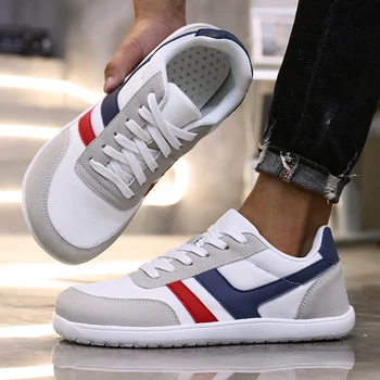 أحذية رجالية واسعة النسخة حافي القدمين أحذية رياضية شبكية بسيطة ونعل ناعم خفيفة الوزن للمشي في الهواء الطلق بأربطة أحذية تنس بأقدام واسعة