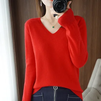Women Solid Sweater Spring Autumn Woolen Pullovers V-neck Slim Fit Bottoming Shirt Solid Soft Knitwear Jumpers Basic Sweaters
