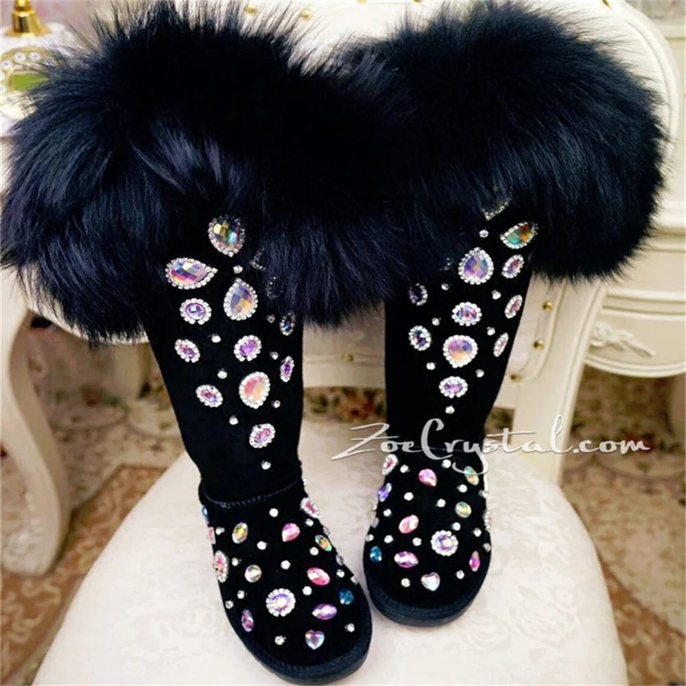 

Black tall fox hair rhine-diamond accessories customized and calf snow boots fur one large size women's boots 35-44