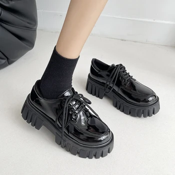 Rimocy Patent Leather Platform Oxford Shoes for Women 2022 Spring Casual Lace Up Flats Woman Black Chunky Shoes Zapatillas Mujer 1