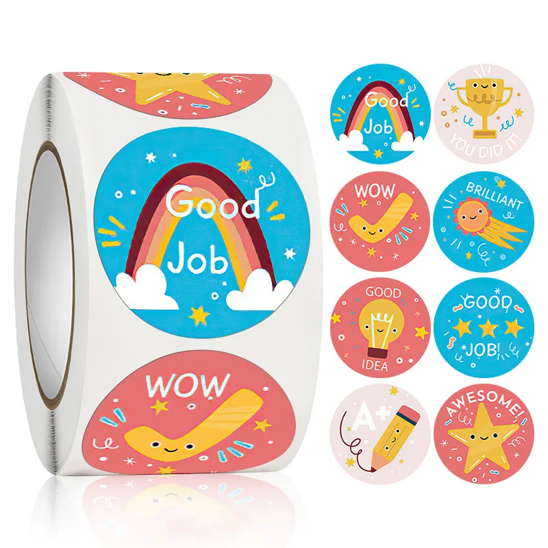 500pcs/Roll Good Job Stickers 1 Inch Cartoon Animal Rainbow Star Reward  Adhesive Tape for Office School Award F7217