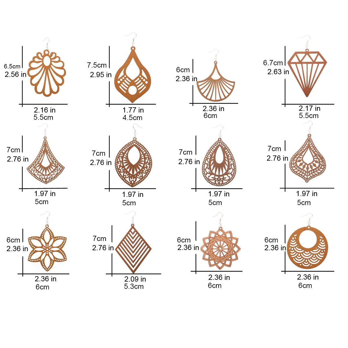 12 Pairs Vintage Water Drop Hollow Charms Carving Dangly Different Shapes Wood Earrings Bohemian Style Fall Winter Ear Ornaments 2