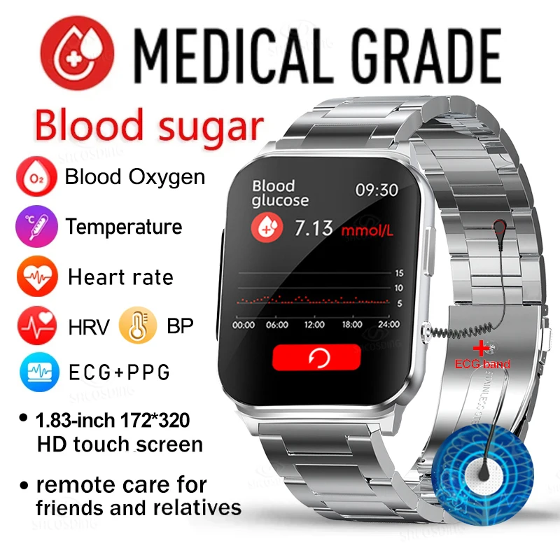 

Health Non-invasive Blood Glucose ECG+PTT Smart Watch 1.83" HD Screen Blood Pressure Oxygen Body Temperature Smartwatch 60+Dials