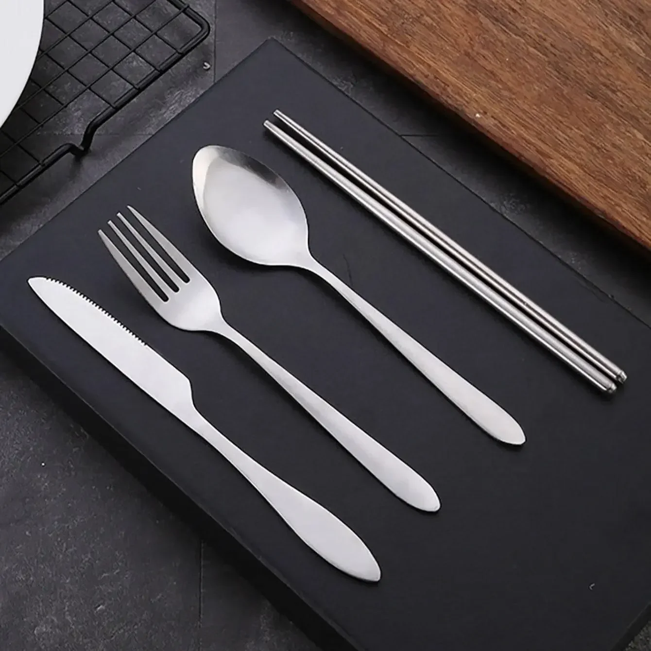 4Pcs/Set Travel Camping Cutlery Set Portable Tableware Stainless Steel Chopsticks Spoon Fork Steak Knife with Storage Case