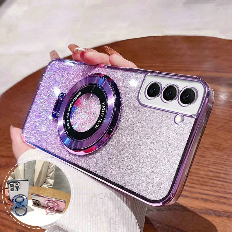 Glitter Plating Silicone Case with Holder and Stand - Compatible with Samsung Galaxy Series
