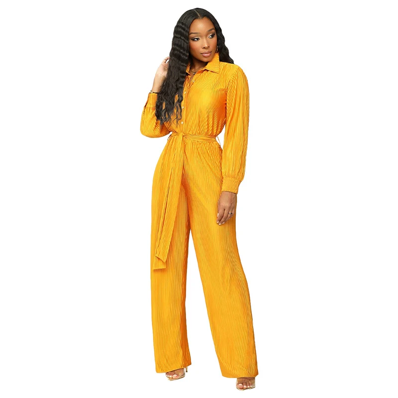 Fashion Lapel Button Half Cardigan Jumpsuit With Belt Women Loose Straight Long Pants Female Comfortable Commuter Casual Rompers