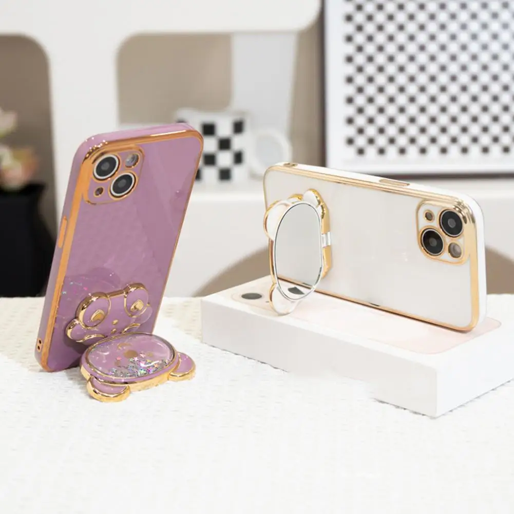 Phone Stand With Mirror 360 Degree Rotation Shiny Glitter Quicksand Cartoon Bear Phone Stand Holder Mobile Phone Accessories