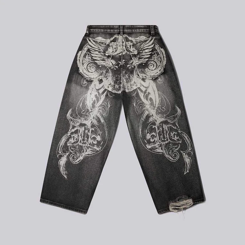 Angel Wings Y2K Grunge Distressed Graphic Baggy Jeans Wide Leg Streetwear S-2XL