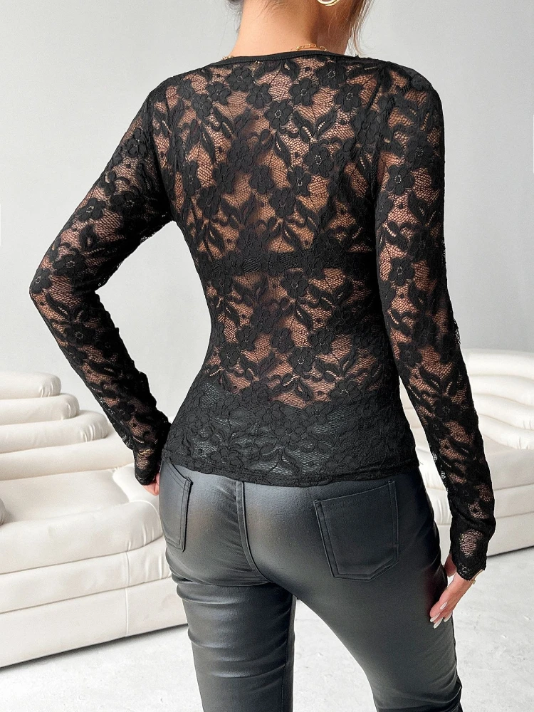 New Spring and Summer Women's Elegant V-neck Scalloped Neckline Solid Color Lace Shirt Hollow Long Sleeve T-shirt Slim Blouse