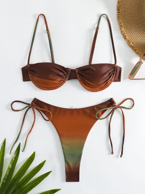 Sexy Brown Gradient Bikini Set 2024 Women Pleate Push Up Padded Micro Swimsuit Brazilian Bathing Suit Tie Side Thong Swimwear 1