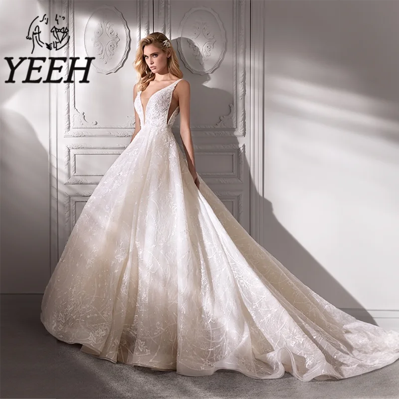 

YEEH Lace Appliques Wedding Dress Deep V-neck Illusion Side Bridal Gown Elegant Backless Chapel Train Vestido De Noiva for Bride