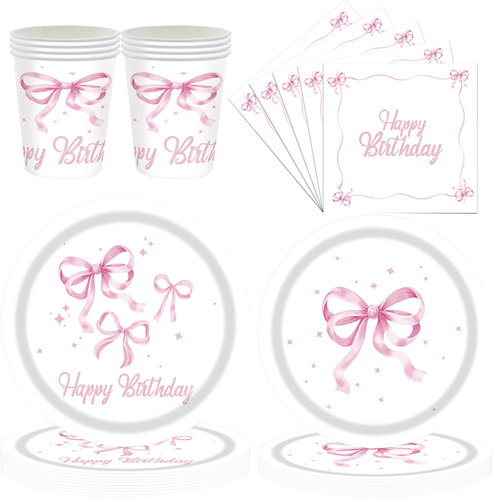 Pink Bow Birthday Party Tableware Set - Plates, Cups, and Napkins