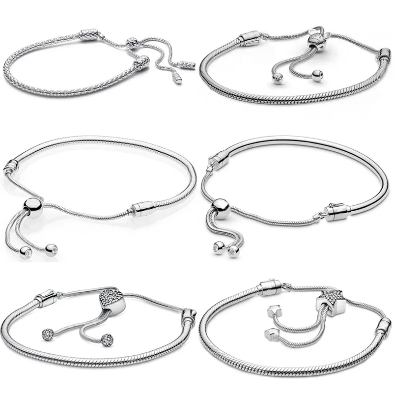 

Original Studded Chain Slider Heart Start Mouse Clasp Adjust Bracelet 925 Sterling Silver Bangle Fit Europe Charm Bead Jewelry