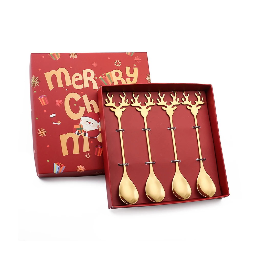 Christmas Cutlery Spoon Fork Set Elk Gift Christmas Tree Snowman Santa Claus Decoration Dessert Spoon Fruit Fork Coffee