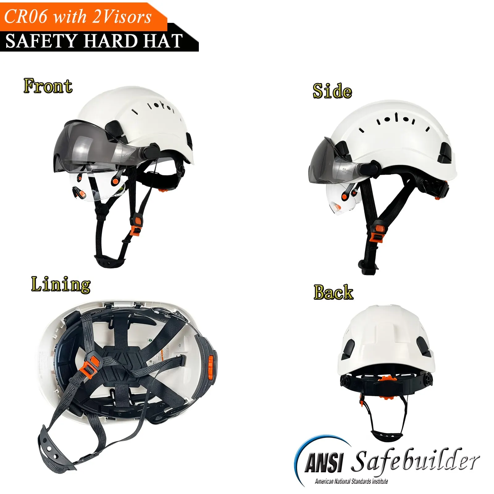 CE Safety Helmet Hard Hat with Visor Clear & Tinted Adjustable Vented ABS Work Helmet 6-Point Suspension ANSI Z89.1 Approved