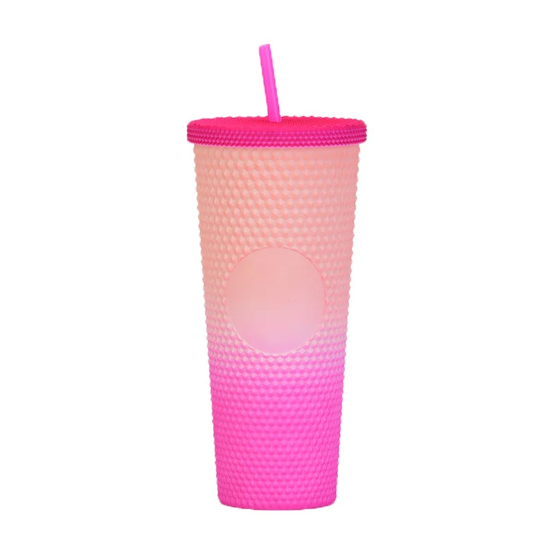 24Oz Matte Glow Inlaid Cup Plastic Coffee Cups With Straw Lids Double Wall Gradient Durian Cup Large Capacity Drinking Cup