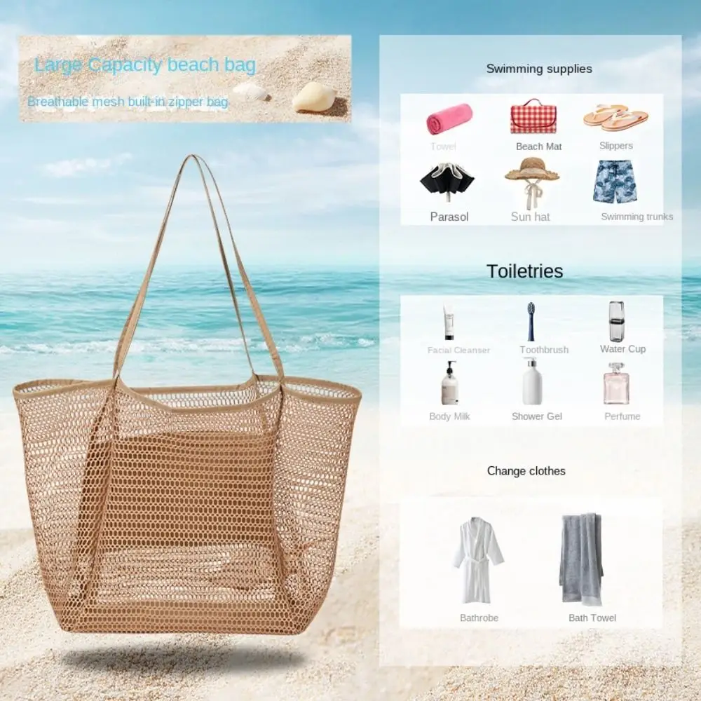 

Large-capacity Women Beach Bags Portable Sundries Storage Bags Multiple compartments Mesh Shoulder Bag Makeup Bags