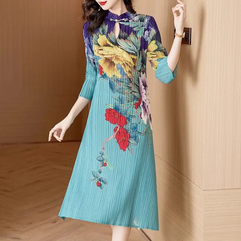 

Spring 2024 New Peony Print Chinese Style Dress Stand Collar Pan Button 3/4 Sleeve Fold Improvement Qipao Dress For Women Z4548