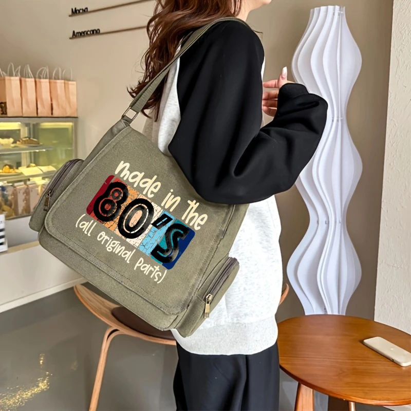 Retro Men's Bag Canvas Tote Messenger Bag 80s Print Large Capacity Shoulder Bag For Men Commuting Bag