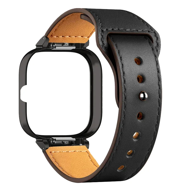 Premium Leather Strap with Metal Case Protector and Watchband Belt