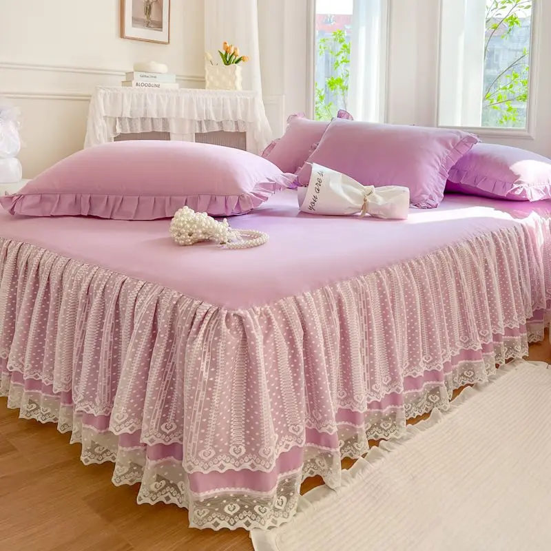 Elegant Lace Bed Sheet Skirt Queen/King Size Girls Bed Cover Solid Color Bedspread Non-slip Mattress Cover Pillowcase Need Order 6