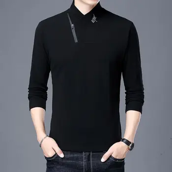 양면 벨벳 남성용 캐주얼 패션 티셔츠, 다용도 긴 소매 기본 풀오버, 단색 자수 상의, 가을 겨울 티