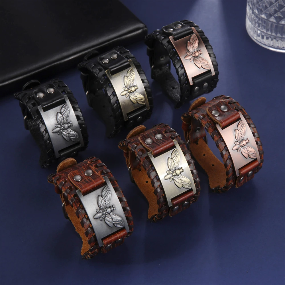 EUEAVAN Punk Death Skull Moth Genuine Wide Leather Bracelet Gothic Design Aesthetic Men Bangle Vintage Party Jewelry Accessories 4