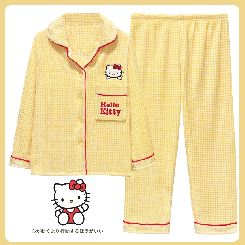 

Hello Kitty Loopy Flannel Coral Velvet Pajamas Set Winter Women Thickened New Cute Flannel Kawaii Plaid Homewear Girl Loungewear