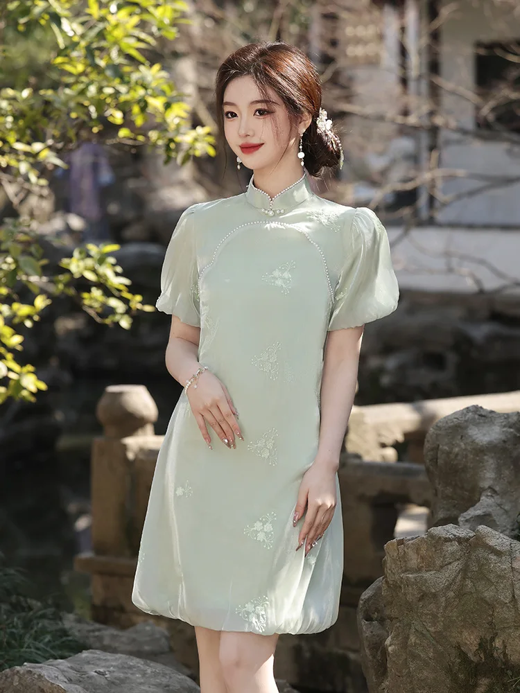 

Элегантный китайский стиль зеленый цветочный Вышивка Qipao Китайский воротник короткий рукав чонсам