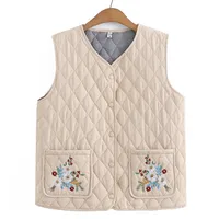 Women's Floral Embroidered Quilted Vest, Quilted Vest, Plus Size, Middle Aged, Sleeveless Jacket, Fashion, Argyle Pocket, Fall,