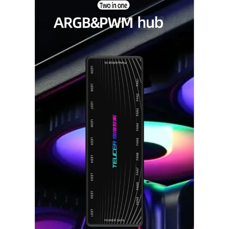 Фото Разветвитель TEUCER 1-9 PWM и ARGB для вентилятора, 4-контактный, 3-контактный, адресуемый RGB-адаптер SATA, Интерфейсный концентратор для настольного ПК №2