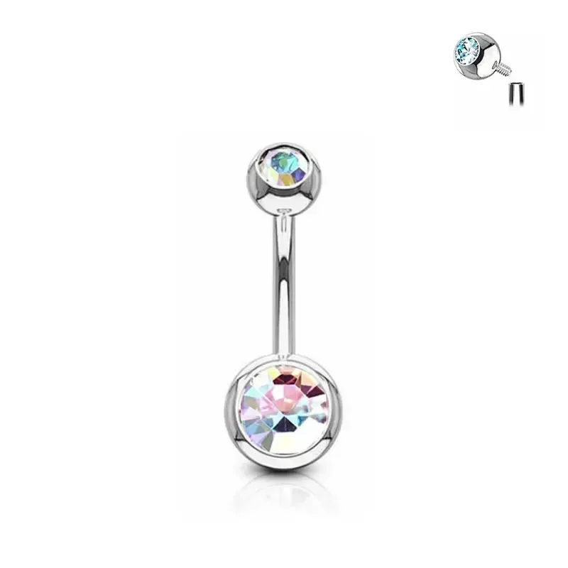 G23 Titanium Belly Button Ring - 14G, 3/8" (10mm) Barbell, Double CZ Sparkle, Prong Set, Hypoallergenic