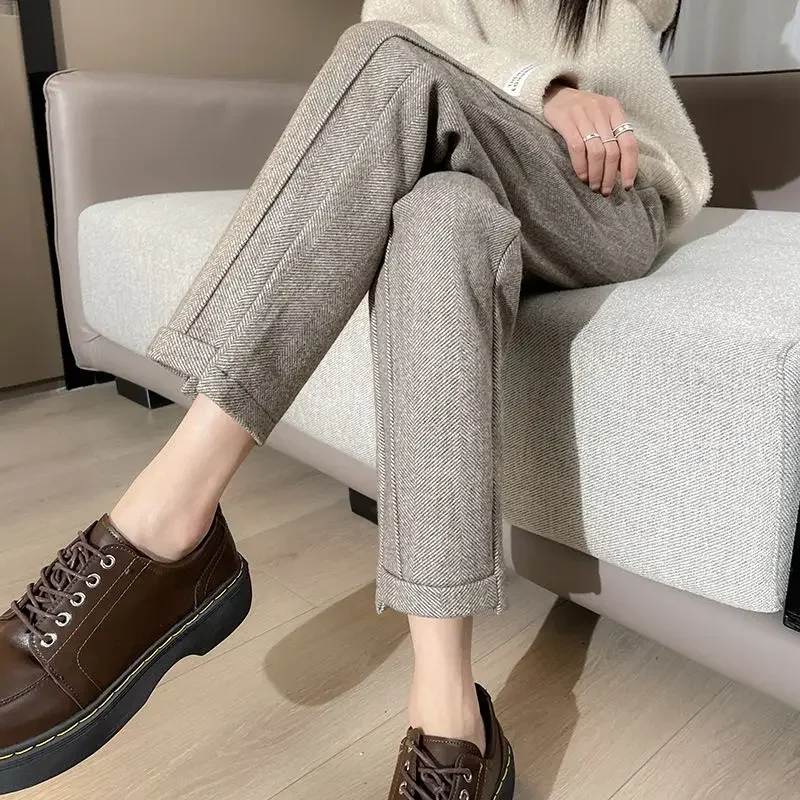 New Thickened Woollen Trousers Women Autumn Winter High Waist Casual Loose Straight Suit Pants Ankle-Length Cigarette Pants
