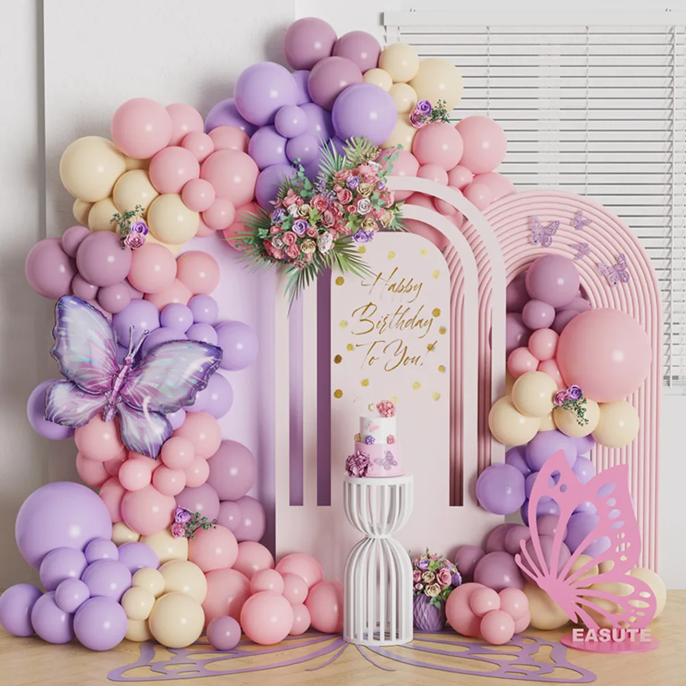 

124pcs Macaron Pink Purple Butterfly Balloon Garland Arch Kit Girls Butterfly Theme Birthday Party Baby Shower Wedding Decor Glo