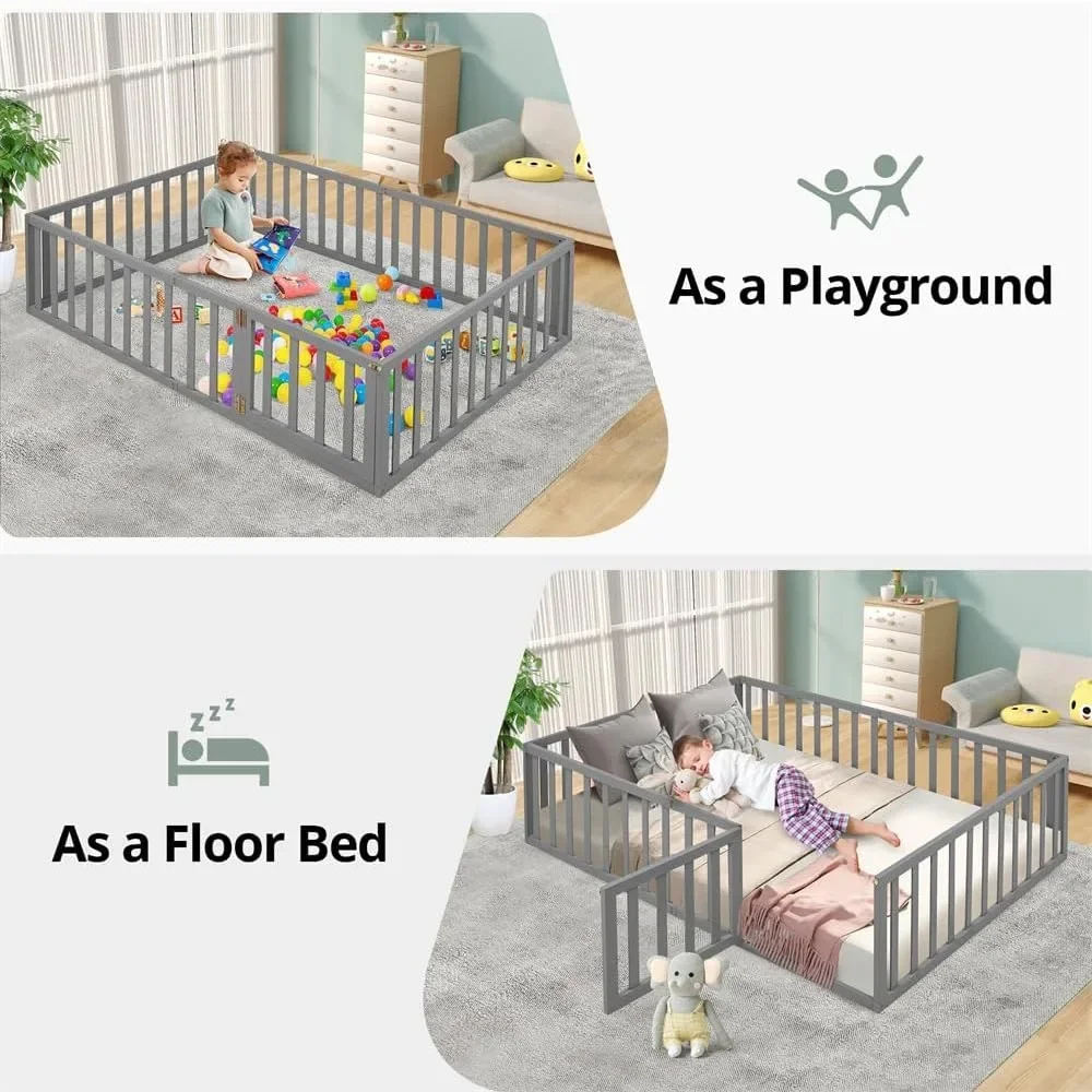 Queen Size Montessori Floor Bed, Multifunctional Wood Bed Frame with Fence & Door for Children Boys Girls Bedroom Living Room 4