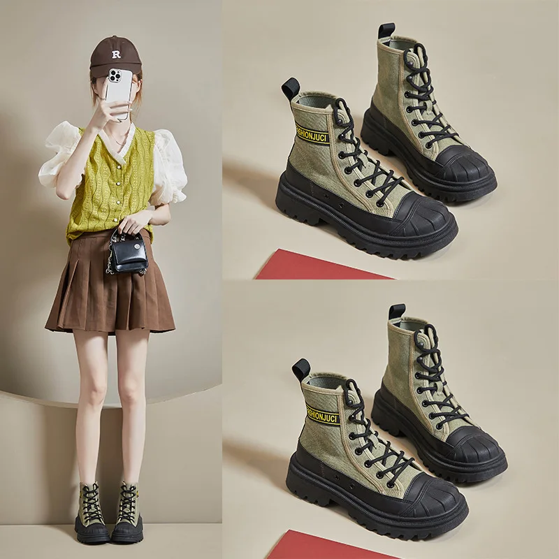 New Chunky Platform Combat Boots for Women Autumn Winter Canvas Ankle Booties Women Punk Thick Bottom Non Slip Motorcycle Boots