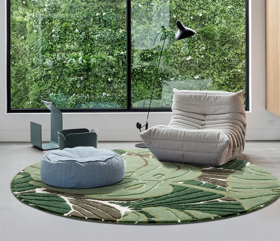 

Simple and Fresh Green Leaves Thickened Anti slip Round 100% New Zealand Wool Customized Carpet