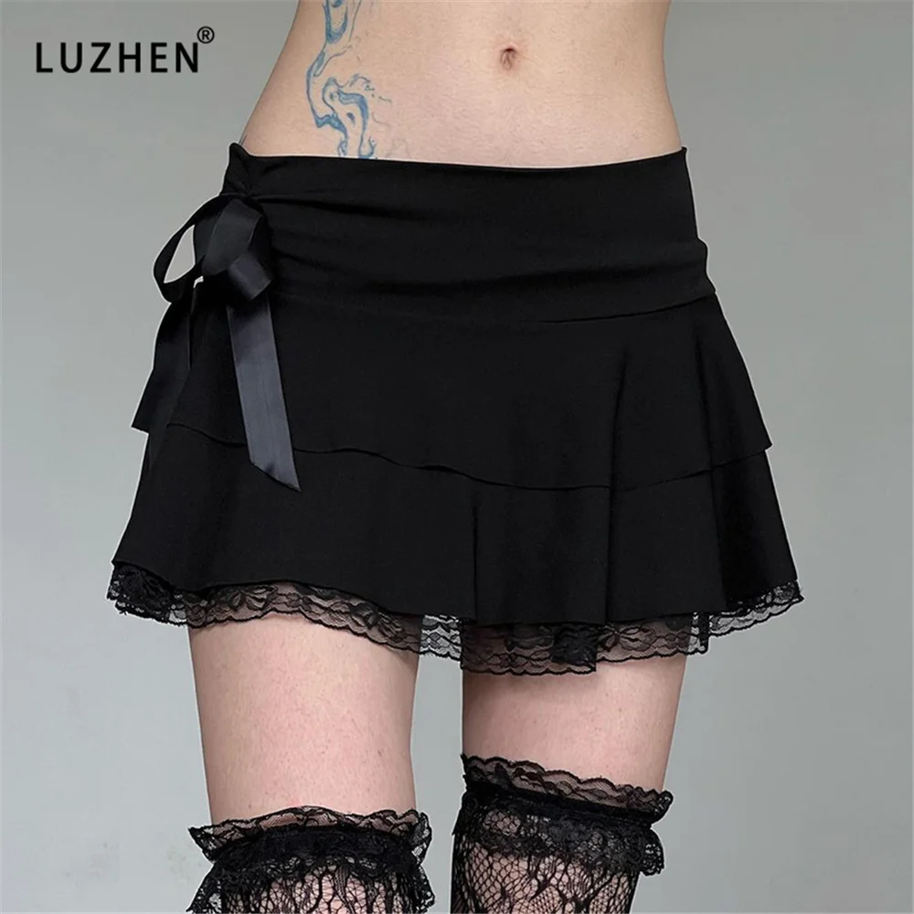 

Goth Lace Up Ruffles Splice Mini Skirts Grunge Aesthetic Harajuku Low-Rise Mall Gothic A-line Pleated Skirt Punk Party Halloween