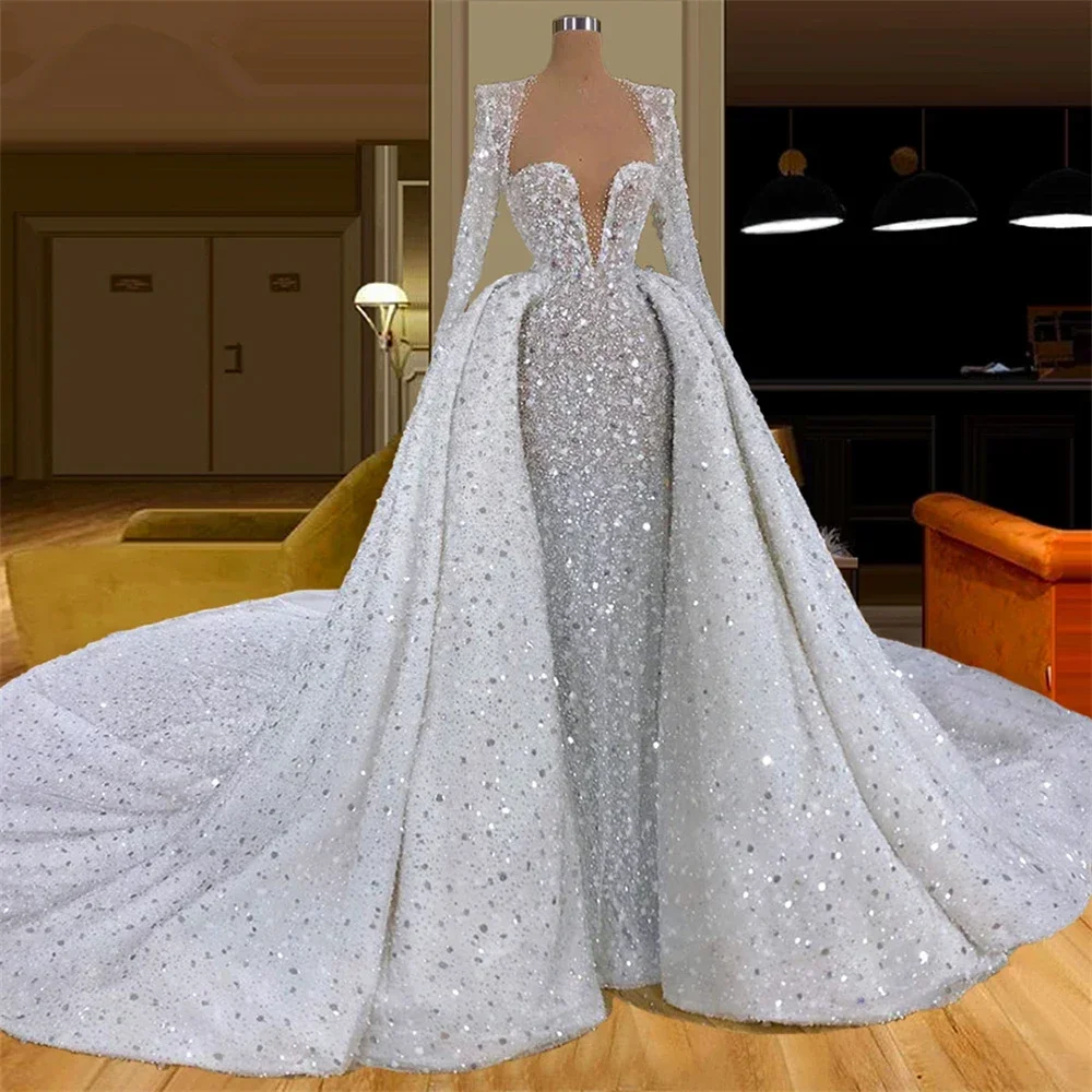 

Luxury Sequined Pearls Evening Dresses Fashion Long Sleeves Beads Mermaid Gowns with Detachable Train Elegant Party Prom Dresses