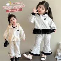 Girls Spring Autumn Sets Kids Dot Jackets+Loose Pants 2Pcs Outfits Children's Lace Casual Hooded Suits Toddler Clothing 2-8Y