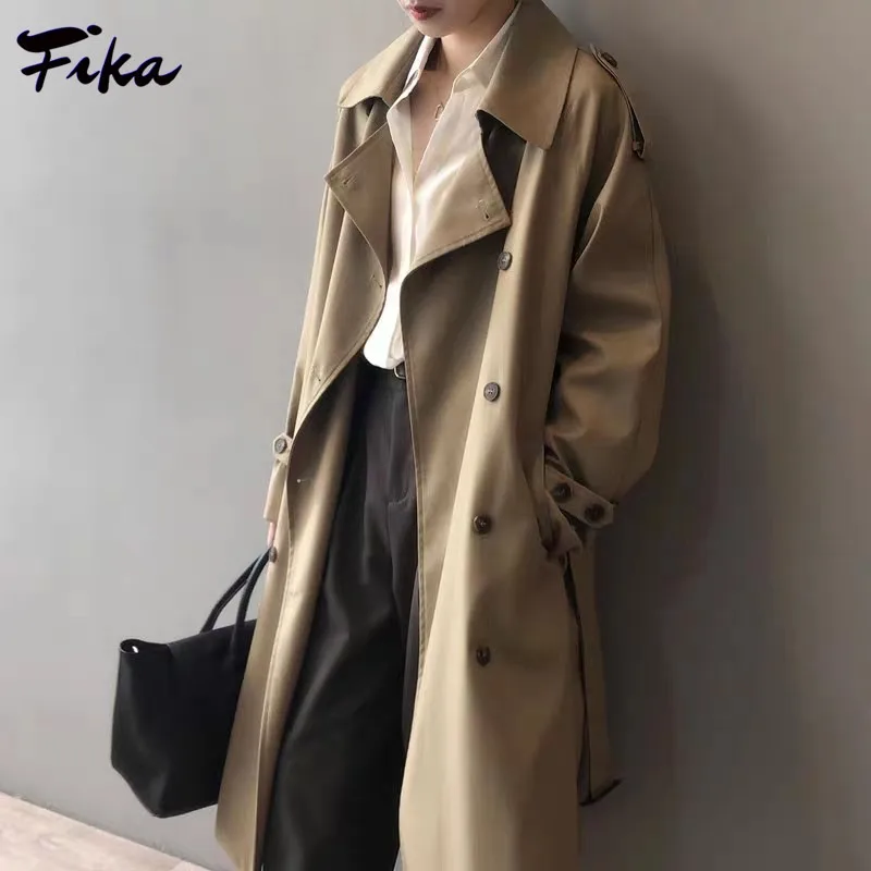 

Khaki Long Women Trench Coat Autumn Winter Turn Down Collar Windbreakers Causal Double Breasted Full Sleeve Belt Trench Jacket