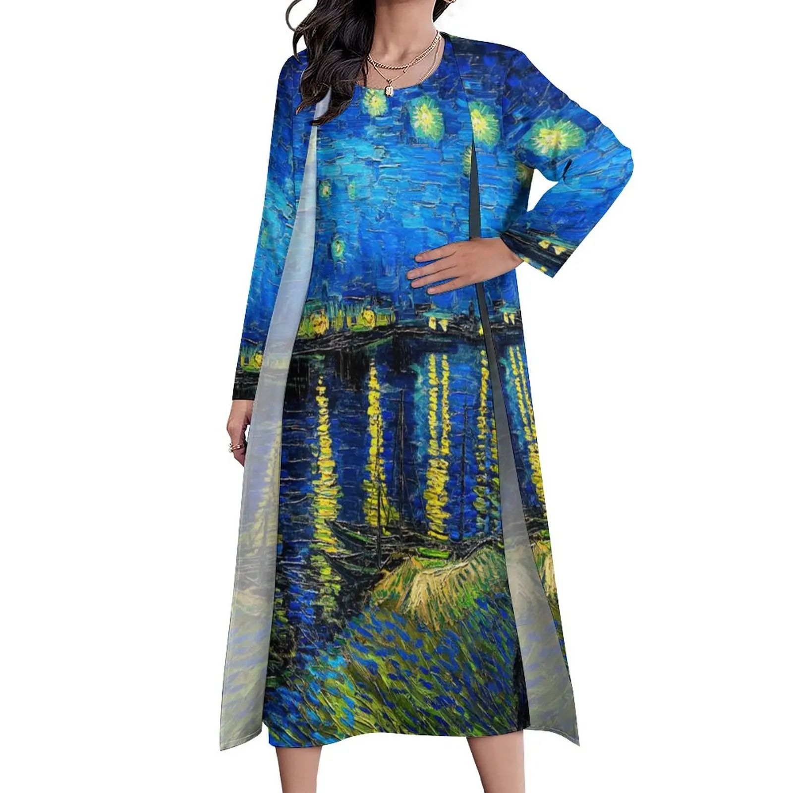 

Van Gogh Dress Two-Piece Starry Night Over The Rhone Street Style Bohemia Long Dresses Female Vintage Maxi Dress Gift