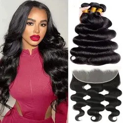 Human Hair 3 Bundles with 13x4 HD Lace Closure Body Wave Human Hair Bundles with Closure Double Weft Wave Human Hair Extensions