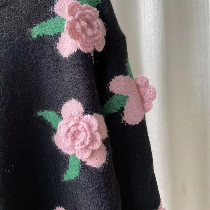 Casual Sweater Female 2023 Cardigan Women Sweater Loose Outer Coat Long Sleeve 3D Flower Round Neck Knitted Cardigan Female 4