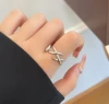 New stainless steel light luxury style Fishbone cross line ring adjustable mouth vintage vacuum electroplating ring for women 3