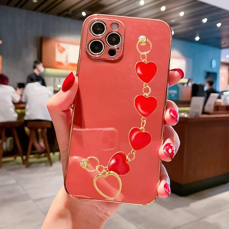 Fashion Plating Love Heart Bracelet Chain Case For iPhone 15 14 12