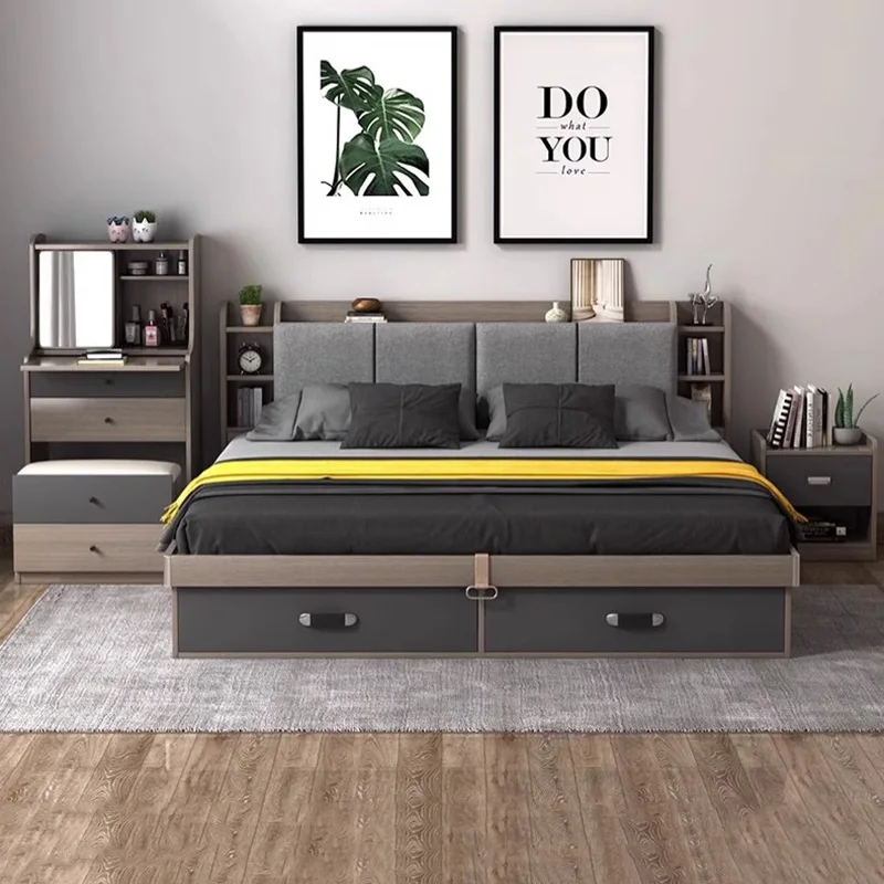 

Современная компактная Роскошная многофункциональная кровать-органайзер для хранения, деревянная кровать королевского размера, роскошная мебель в скандинавском стиле