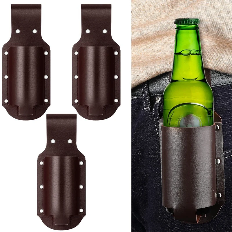 

3PC Classic Beer Holster Great Gadget, Perfect Beer Gift For Men Of All Ages, Espresso Brown Leather, Holster Easy To Use